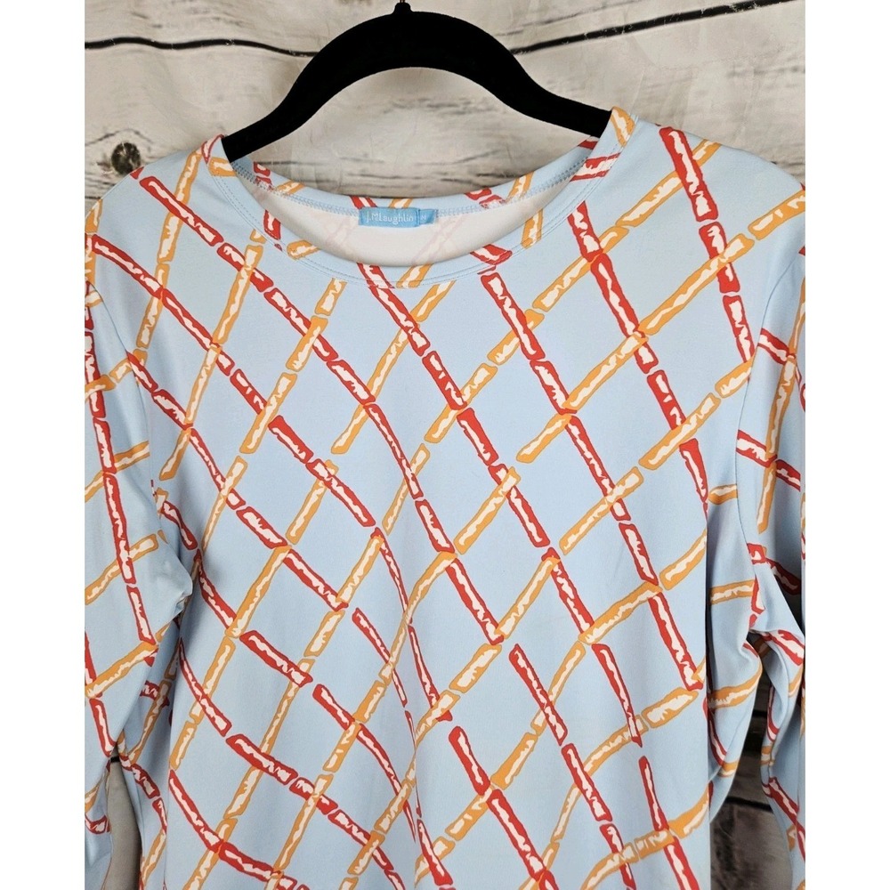 J McLaughlin Bamboo Print Catalina Cloth Top M Blue 3/4 Sleeves Nylon - Picture 2 of 6
